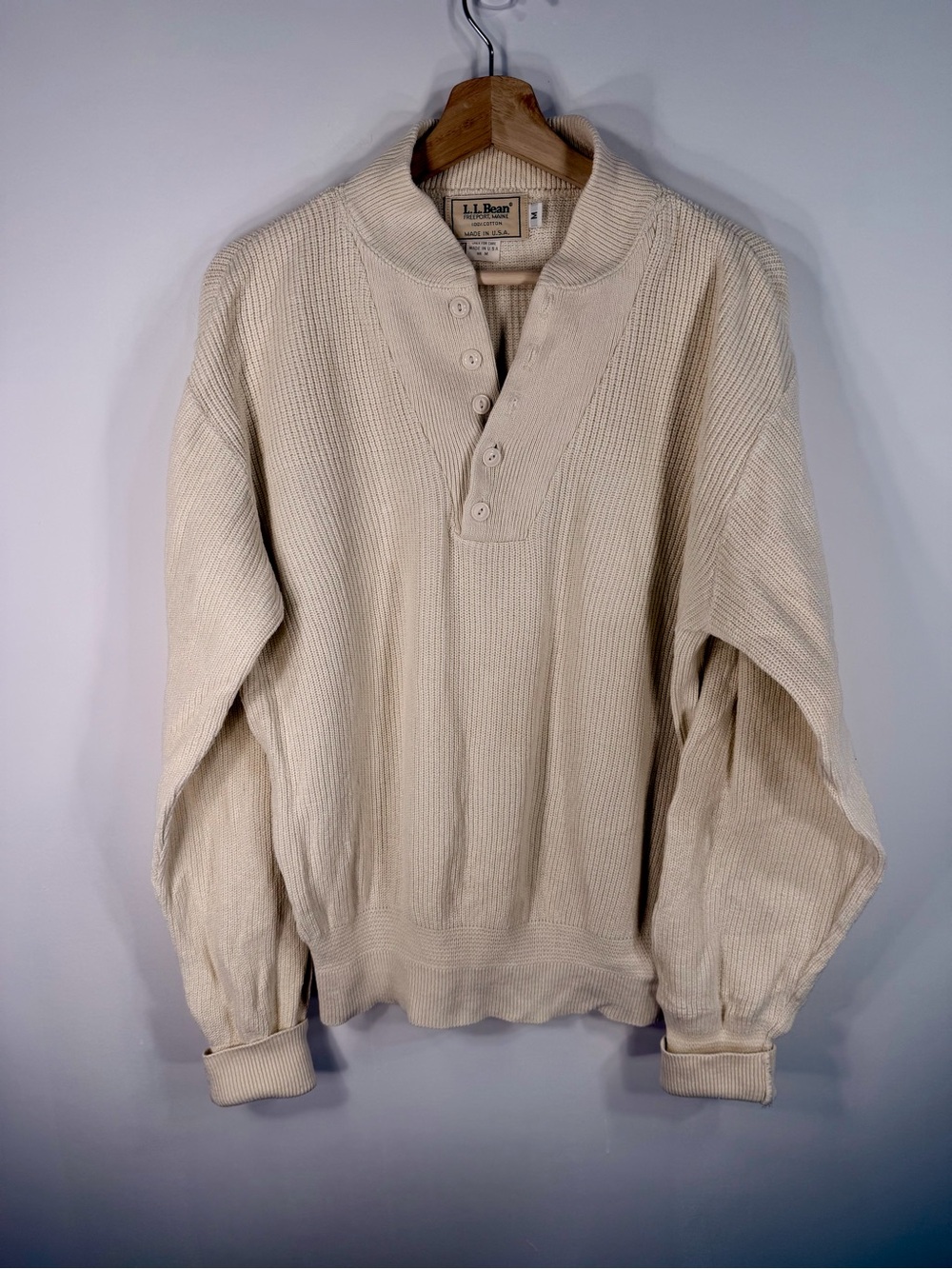 L.L. Bean Men's Cream Henley Knit Sweater